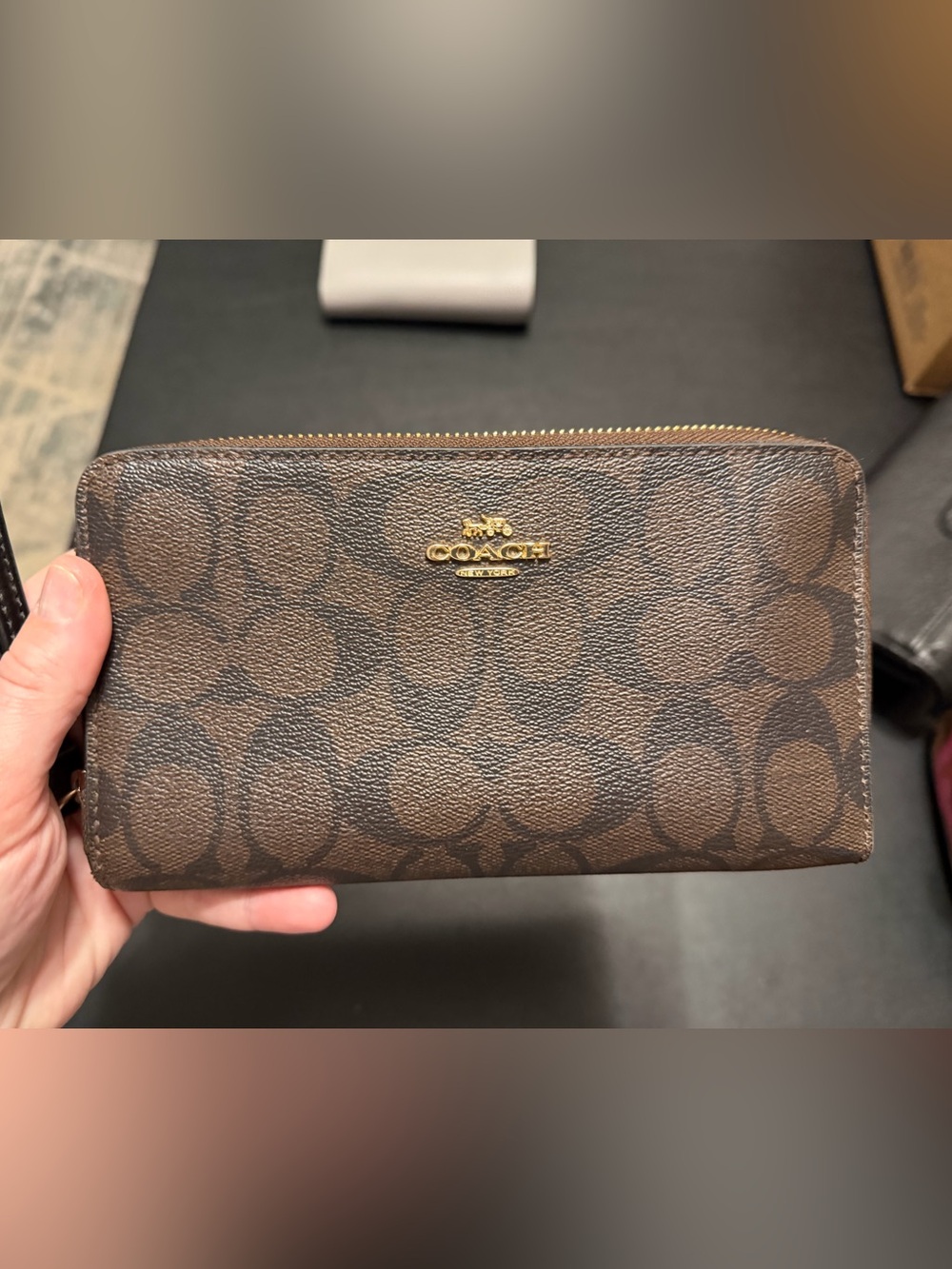 Coach Signature Zip Around Wallet in Brown and Black